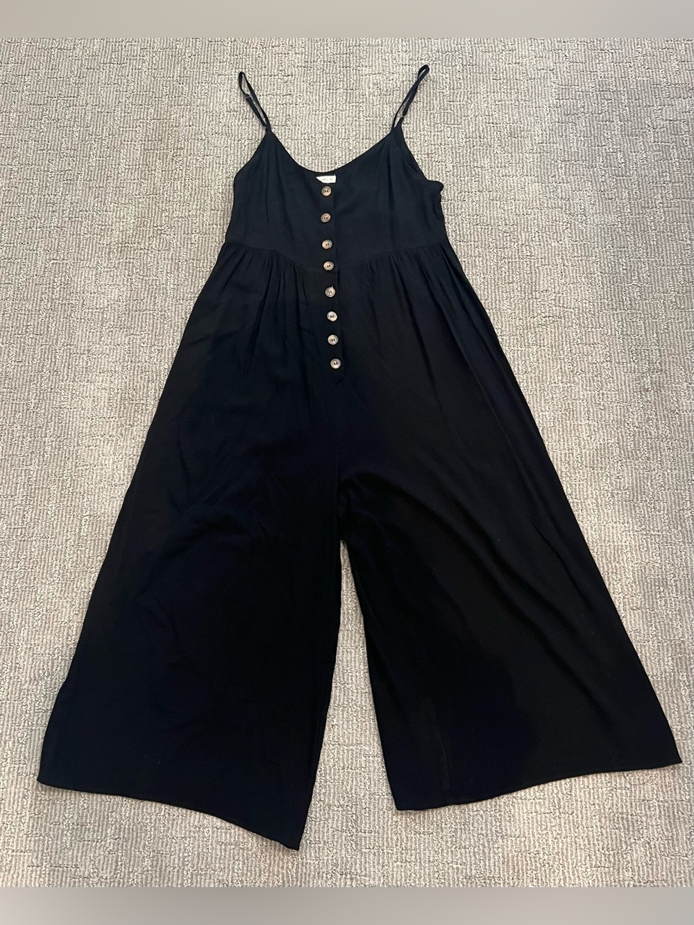Kori Black Button-Front Wide-Leg Jumpsuit with Spaghetti Straps